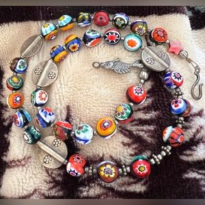 ❤️ VTG 925 Italian Milano Millefiori Beads Necklace or 2 Strand Bracelet 14”
